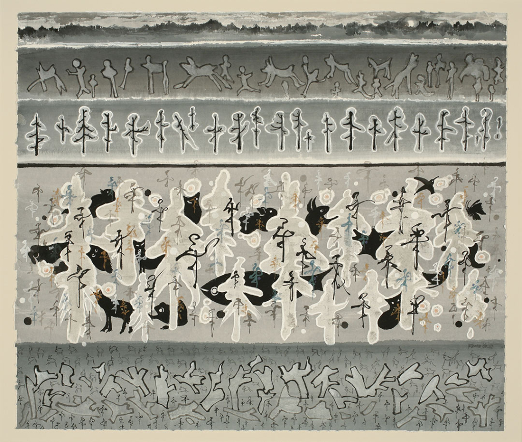 Highly stylized representation of nature featuring mountains, trees, animals, and other plants