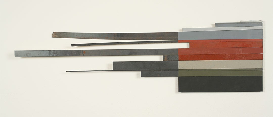 Collection of various rectangular sections of canvas painted in shades of grey, green, and red set against a white background.