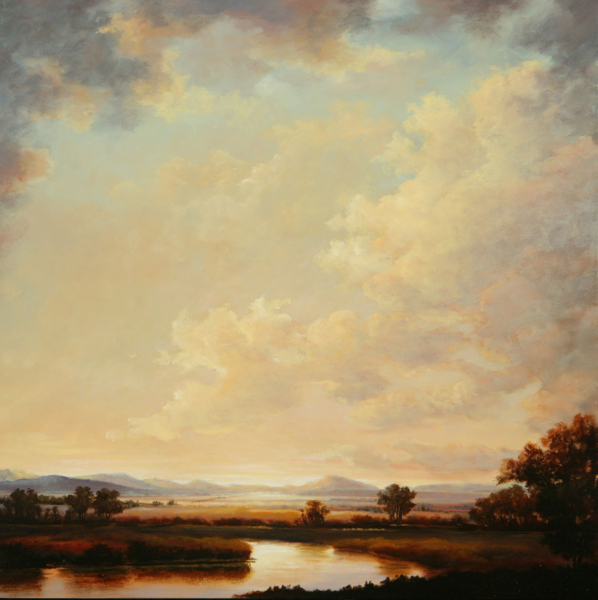 Wide view landscape scene depicting a river in the sunrise