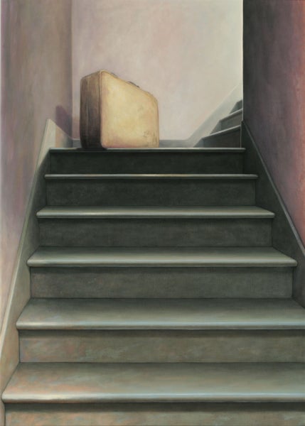 Painting of a suitcase sitting on a staircase landing by artist Gayle Bard titled "Grip."