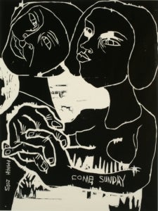 Woodblock print in black and white depicting two figures with their hands folded