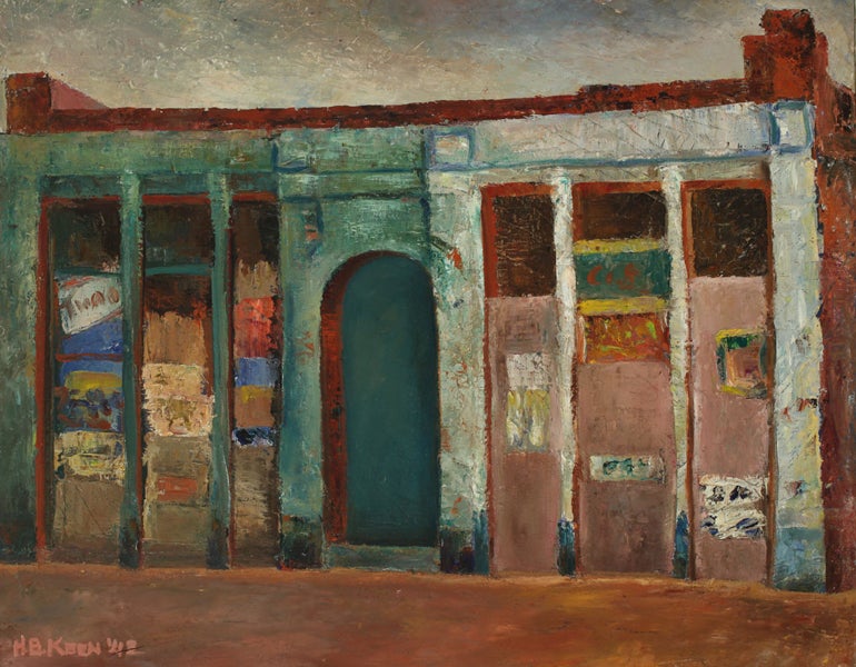 Image of a painting of a building front by artist Helen Boyd Keen titled "Old Town Facade."