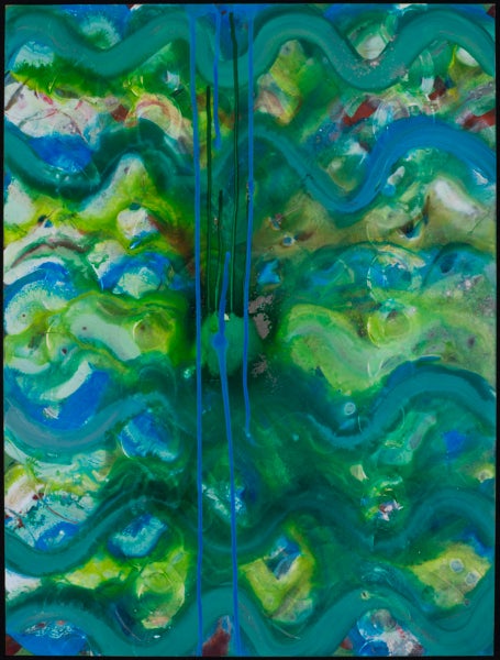 Abstract painting made up of strokes of wavy lines laid out horizontally, rendered in shades of blue, green, blue-green, and white by Cathy Sarkowsky titled "WHIPS AND CHAINS (LG) 2."