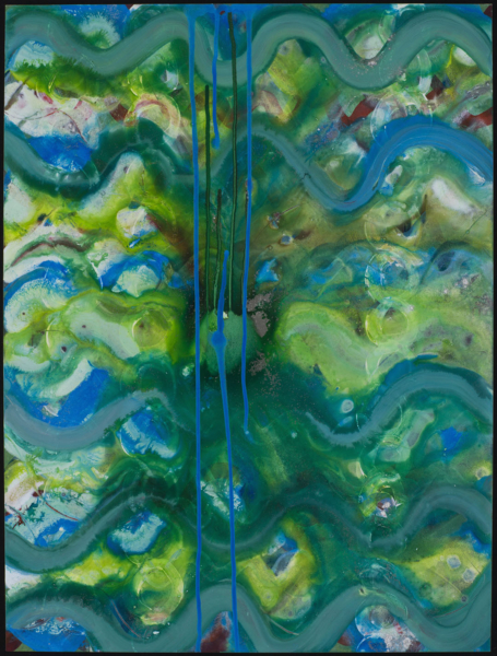 Abstract painting made up of strokes of wavy lines laid out horizontally, rendered in shades of blue, green, blue-green, and white by Cathy Sarkowsky titled "WHIPS AND CHAINS (LG) 2."