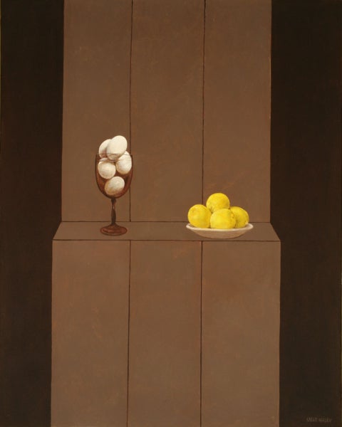 Painting of a goblet full of white eggs and a plate full of lemons placed on a shelf by Sally Haley titled "Untitled (Eggs and Lemons)."