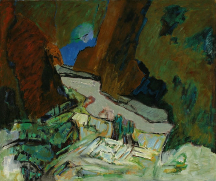 Abstract painting of a landscape scene by artist Boyer Gonzales titled "Ancient Site-Delphi."