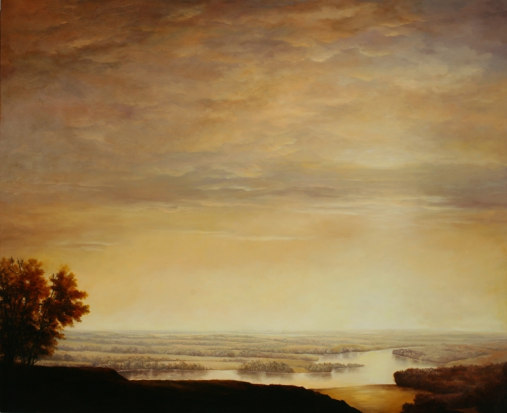 Landscape painting of a winding river cutting through a flat plain