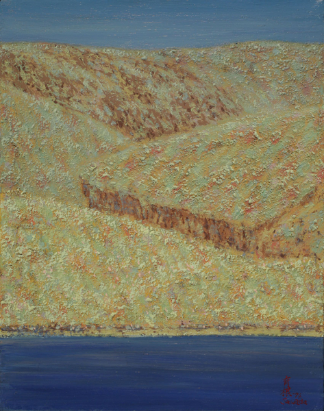 Painted scene of a hillside set along the edge of a body of water