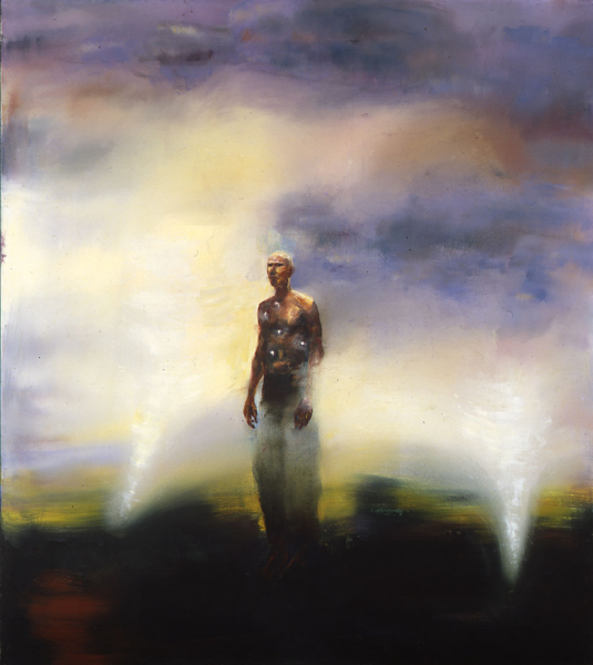 Painting of a figure standing against a blended multicolor background and framed on either side by forms that suggest shafts of light