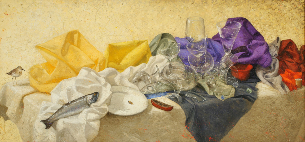 Painting of broken dishware, crumpled piles of fabric in multiple colors, and animals arranged in piles on a table