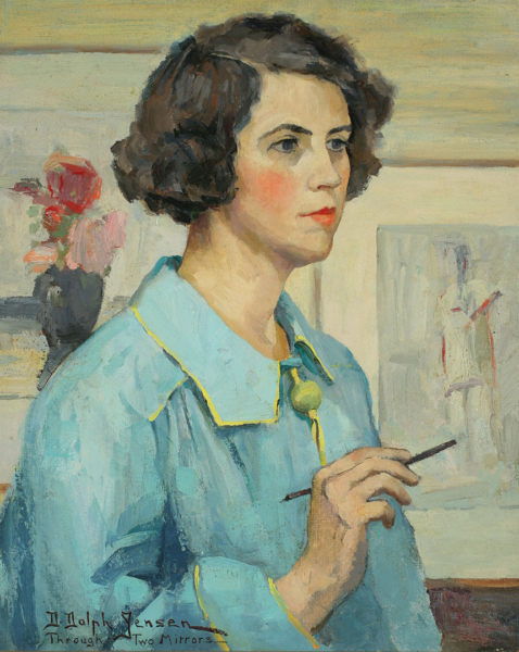 Painting of a person in a blue and yellow smock holding a paintbrush