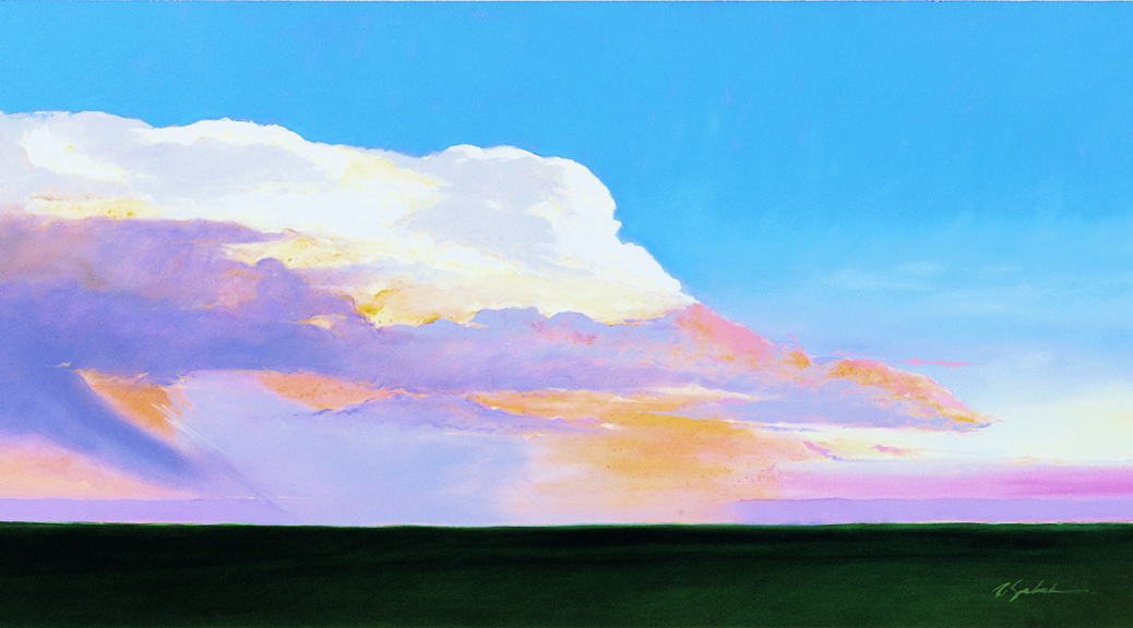 Wide-view landscape painting of a flat field and a cloudy sky