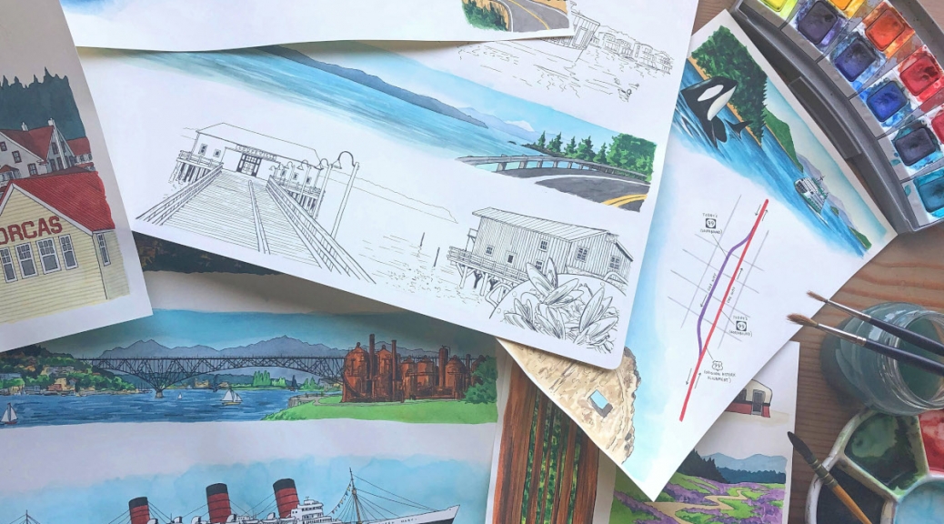 Photo of various hand-drawn and watercolor illustrations accompanied by brushes and palettes of paint