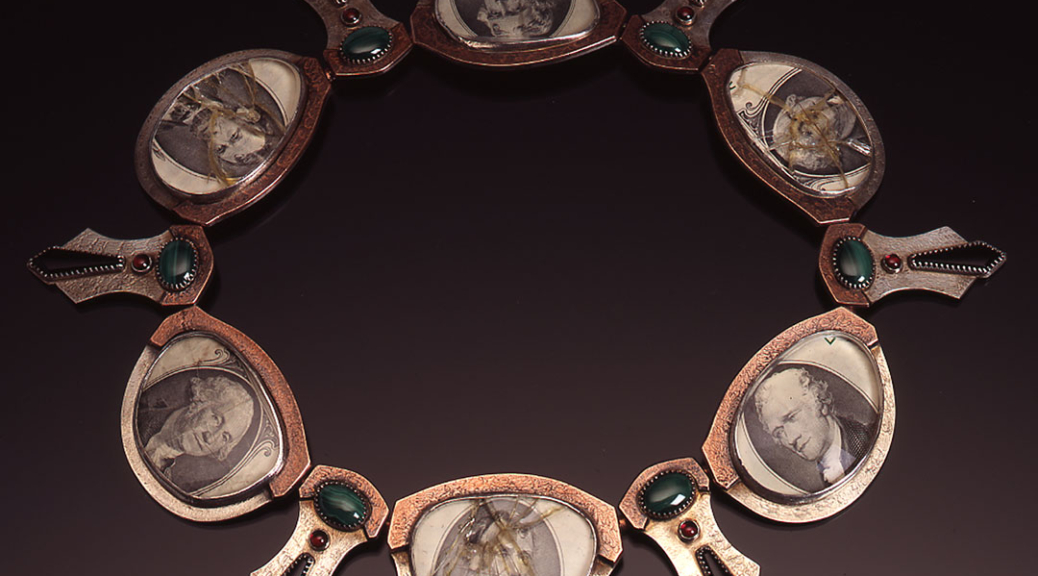 A necklace made from alternating president's portraits from dollar bills framed in (sometimes crushed) glass and silver eye glass frames, with malachite, garnet and oynx set in an abstract feather formation.