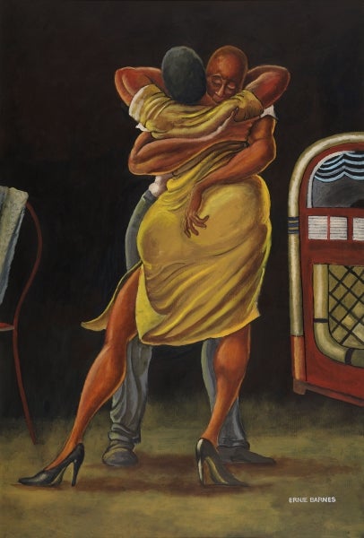 Painting of two people dancing in front of a jukebox by Ernie Barnes titled "Slow Drag."