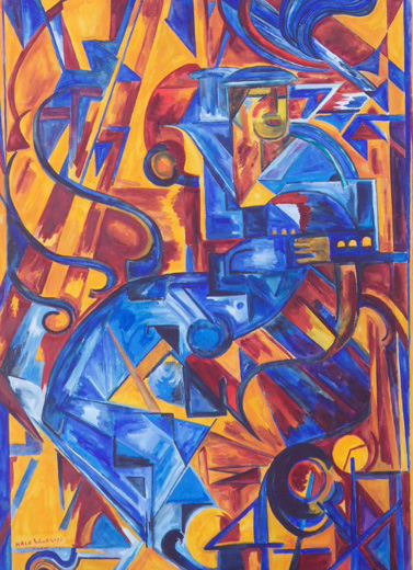 Painting of a series of geometric shapes in various shades of gold, yellow, orange, dark red, light blue, and blue.