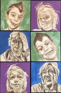 Painting of six faces in various expressions arranged in grid with two people in each row