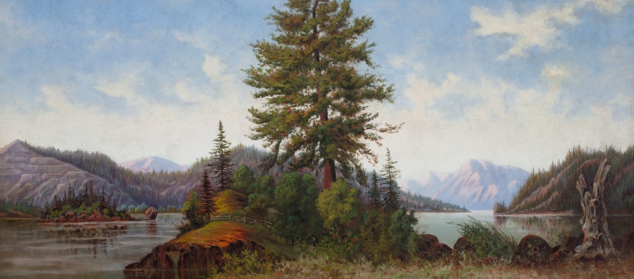 Painting of a river scene titled "Untitled (Columbia River scene)" by artist Grafton Tyler Brown.