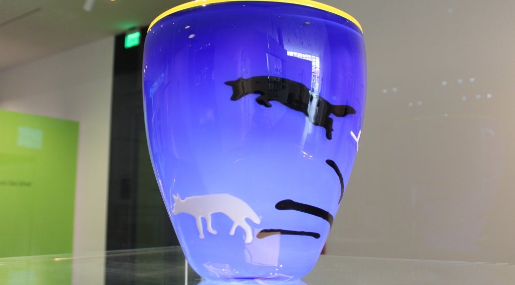 Color photo of "Coyote Restored in Starlight" glass basket created by artist RYAN! Feddersen.