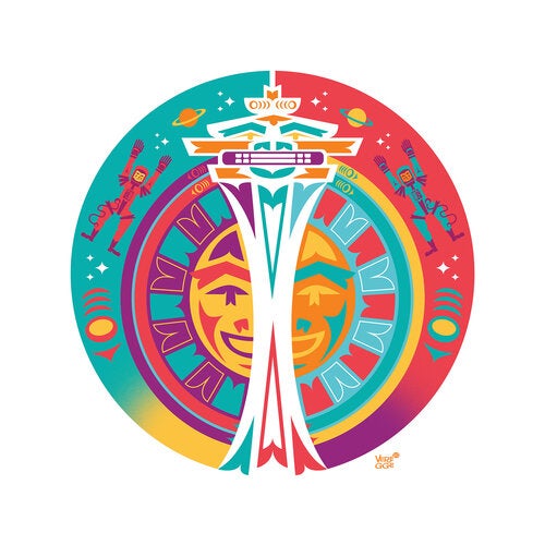 Color reproduction of "Reaching for Space" design by Jeffrey Veregge depicting the Seattle Space Needle in formline style