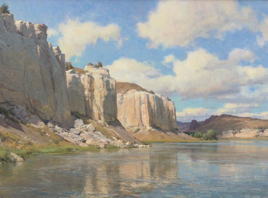 Landspace painting of a river scene with large, cliffs along the banks underneath a cloudy blue sky.