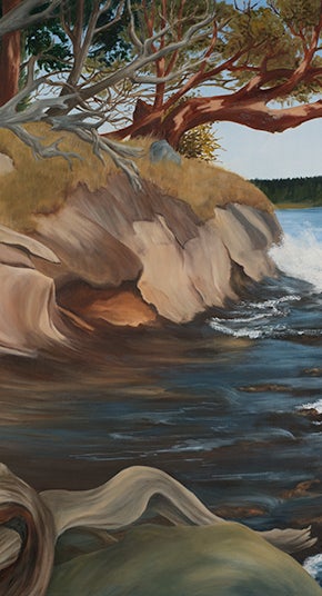 Landscape painting of a shoreline dotted with sand, brown grass, and trees with the oppostie shore visible in the distance.