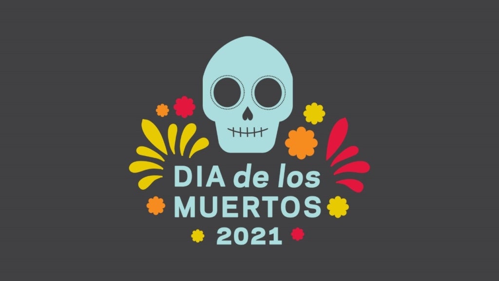 Stylized Dia de los Muertos 2021 logo against a dark gray background