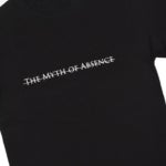 Black t-shirt with "Myth of Absence" written in white, strikeout font.