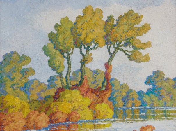 Landscape painting of a treeline in autumn along the banks of a calm, winding river.