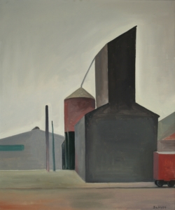 Industrial farm scene with a grain silo and grey hills in the background.