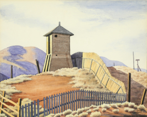 Painting of a water tower surrounded by a fence in a hilly landscape.