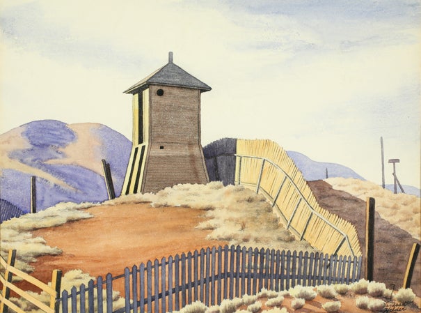 Painting of a water tower surrounded by a fence in a hilly landscape.