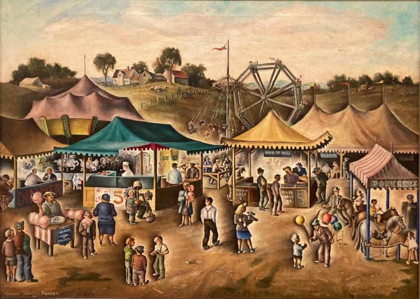 Painting of a rural carnival scene where crowds of people are walking in between tents, vendors, and amusements rides.