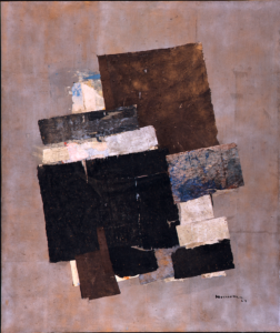 Abstract with mottled black, gray, and white ground and a cluster of collage rectangles in black, white, gray and brown in the center.