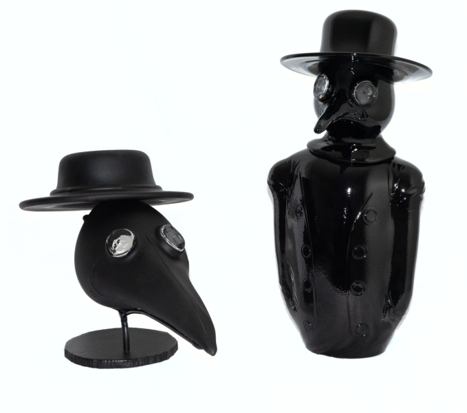 Color photo of "Plague Doctor" and "Doctor Mask and Hat" glass pieces by artist Edgar Valentine.