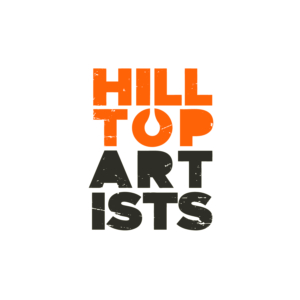 Orange and black logo for Hilltop Artists