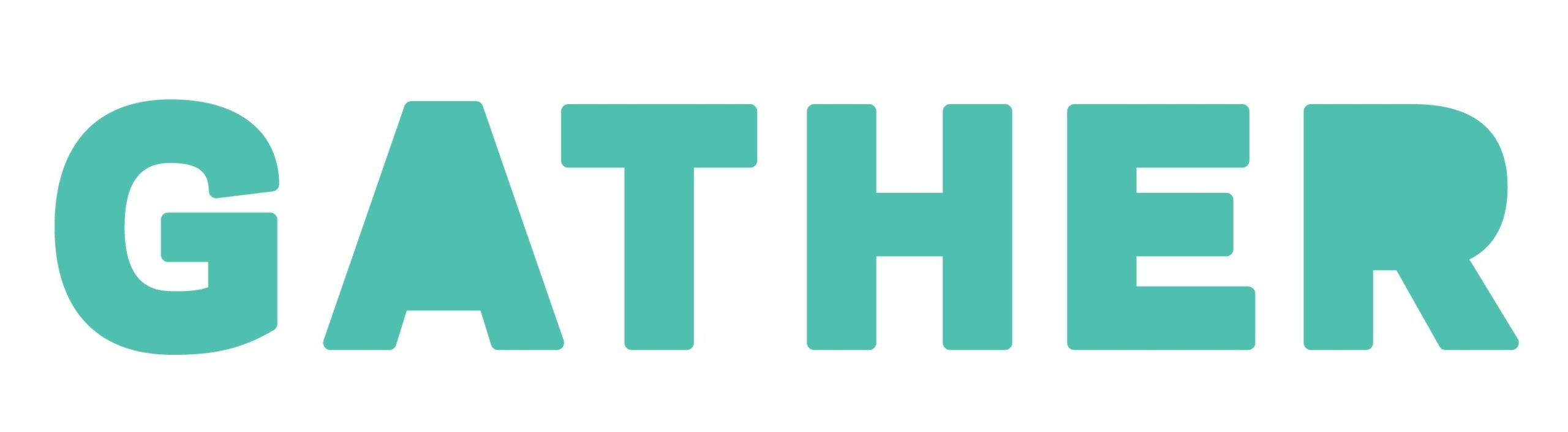 Blockprint logo for GATHER exhibition written in teal capital letters.