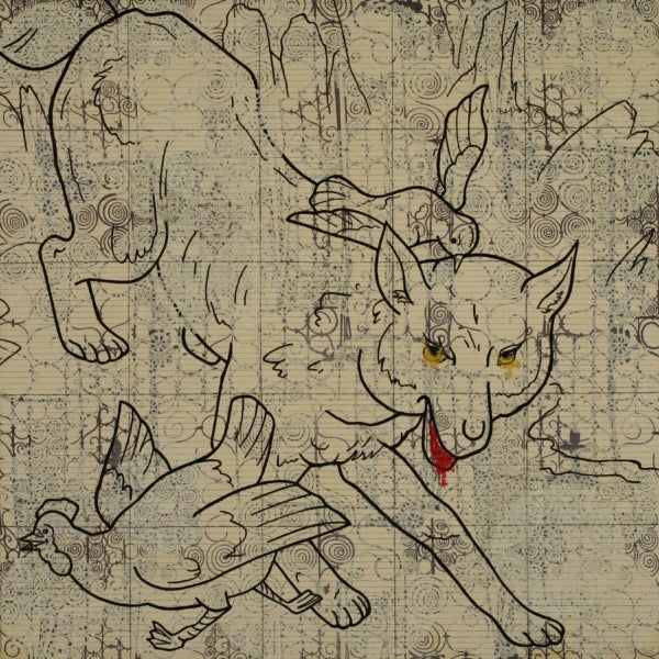 Central image in black outline of a wolf with a chicken at left and a dove or pigeon on the wolf's head. The wolf's tongue is painted red and its eyes are yellow. White background with partial line drawings of other images in black. Over the surface are white paper doilies.