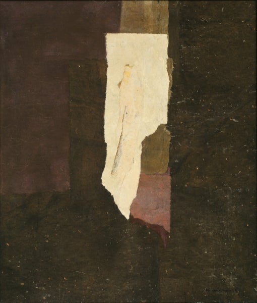 Abstract collage in brown earth tones with vertical white shape at center.
